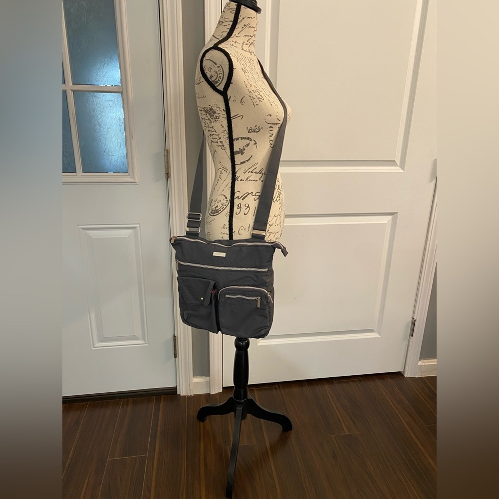 Baggallini Gray Crossbody Bag w/ Zip Closure, Pink Interior, and Lots of Pockets - Picture 2 of 5